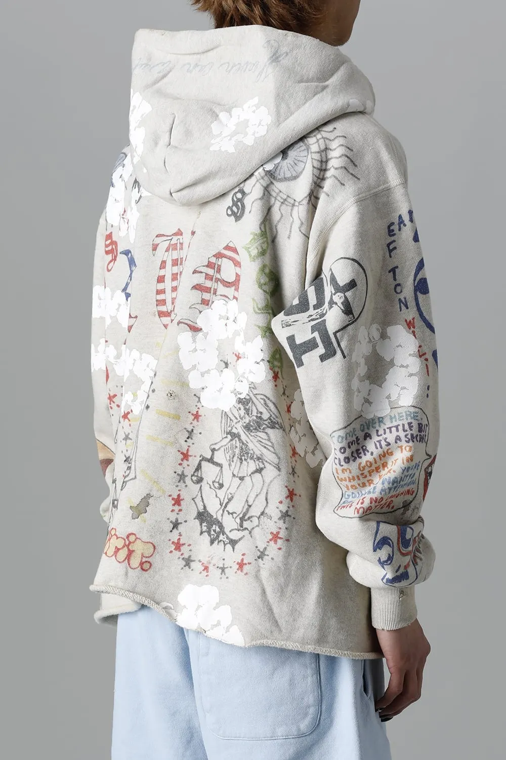 DENIM TEARS × ©SAINT M×××××× "SAINT TEARS" Graffiti Hoodie Joint Model Cotton Graffiti Hoodie Fully Printed Washed Distressed Holes Vintage Sweatshirt Gray S-XL Super Heavy Duty! The whole piece is printed with 35 screens and counterpoint printing!